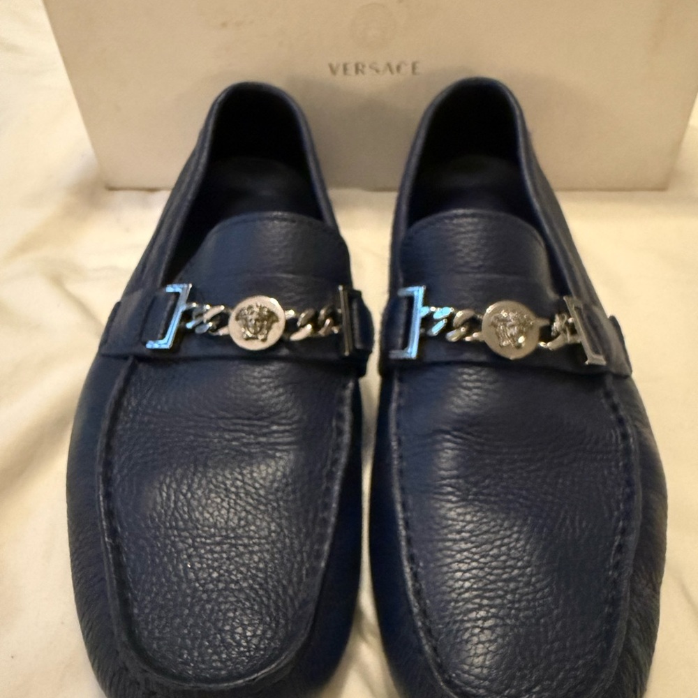 Versace Men's Navy Leather Slip-Ons with Silver Accent